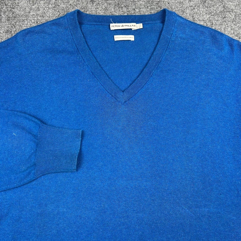 Peter Millar V-Neck Cashmere Blend Sweater Men L Blue Cotton Solid Classic